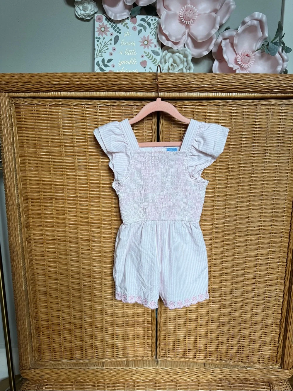 Draper James Light Pink Smocked Romper with Flutter Sleeves